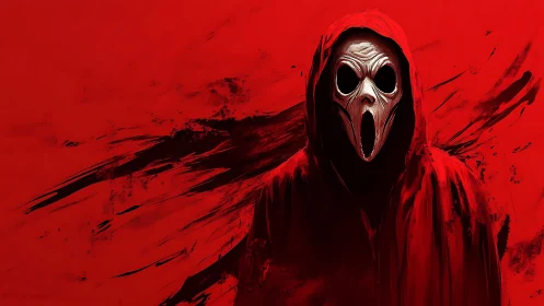 Hooded skeletal figure with elongated mask on red abstract field