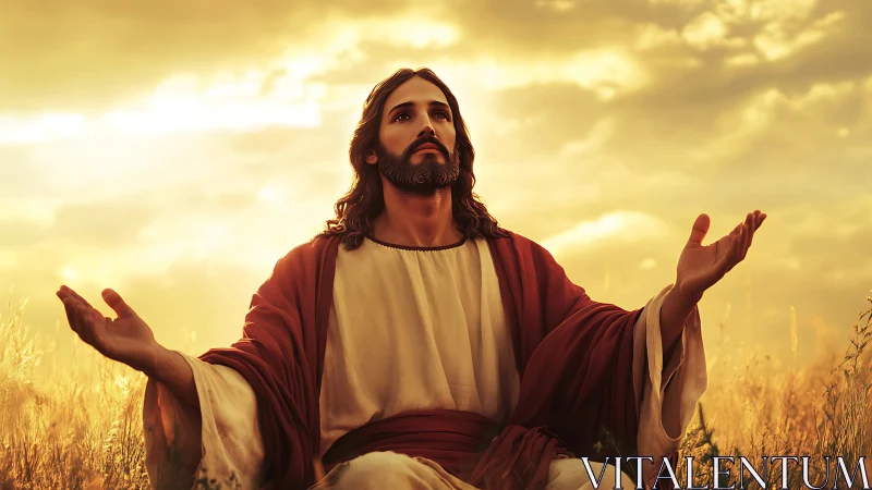 Golden sky prayer in radiant wheat field at dusk serenity.
