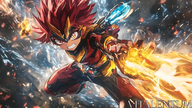 Blazing cyber hero unleashes twin elemental energy blasts.