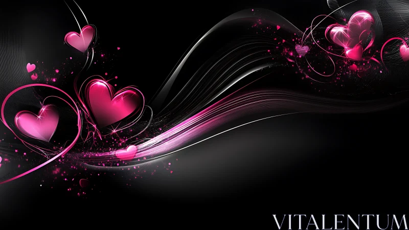 Luminescent Pink Hearts with Flowing Particle Trails on Black