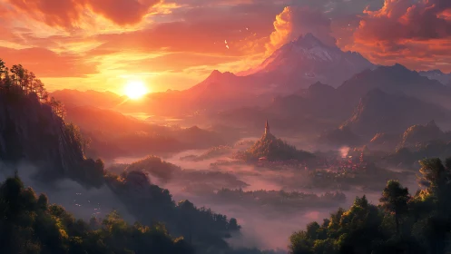 Sunrise illuminates a misty valley with distant mountain range