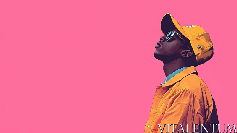 Man in yellow jacket and cap on flat pink background.