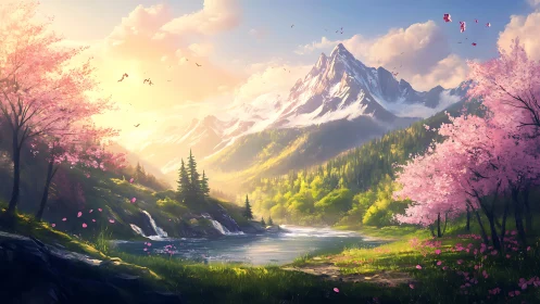 Sunlit mountain valley wrapped in gentle cherry blossom calm.