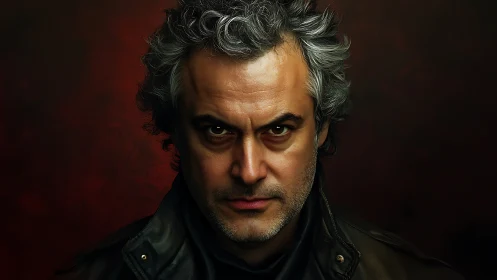 Intense middle aged man stares forward in moody lighting