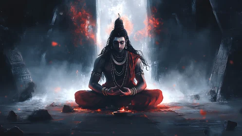 Fire-veiled ascetic in stormlit trance of molten stillness.