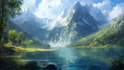 Glacial alpine basin with volumetric light over still lake.