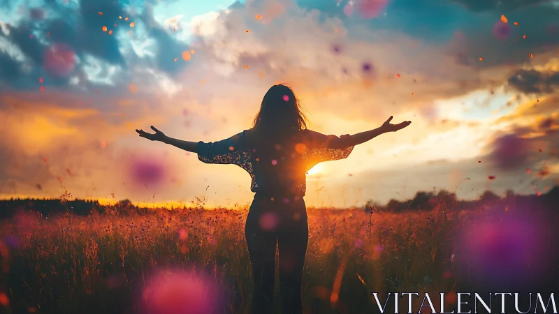 Silhouette stands in field with arms extended at sunset