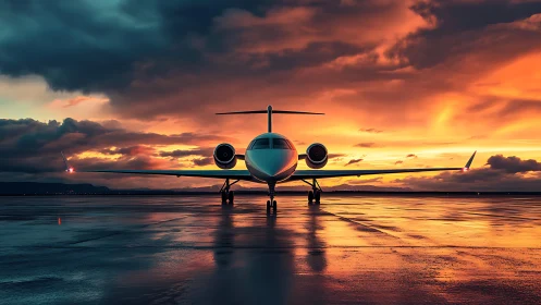 Business jet on wet runway under vivid sunset sky.
