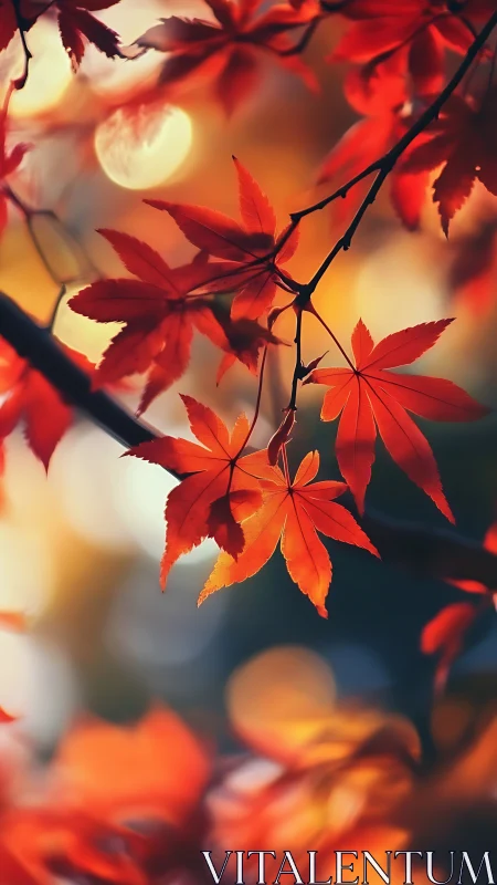 Red maple leaves in warm autumn backlight close focus.