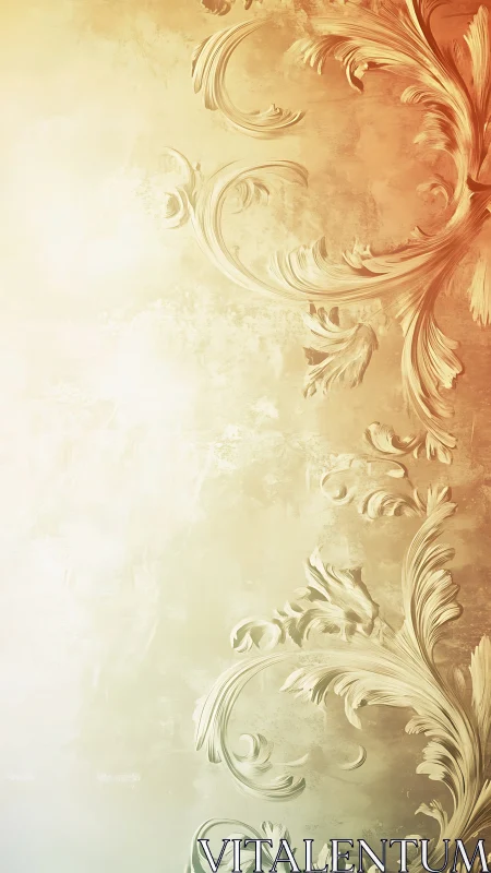 Elegant baroque flourishes curl across a warm pastel field.