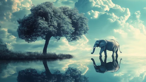 Elephant traversing mirrored waters beneath volumetric cloudscape.