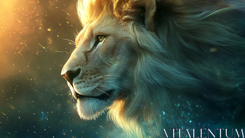 Majestic lion profile glows against ethereal cosmic embers