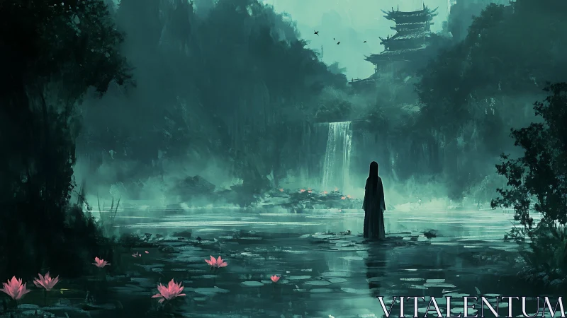 Solitary robed figure at misty lake before tiered pagoda.
