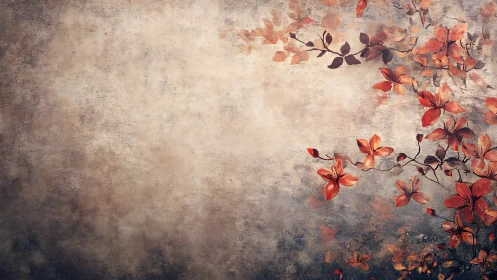 Textured beige wall with stylized red floral branch motif