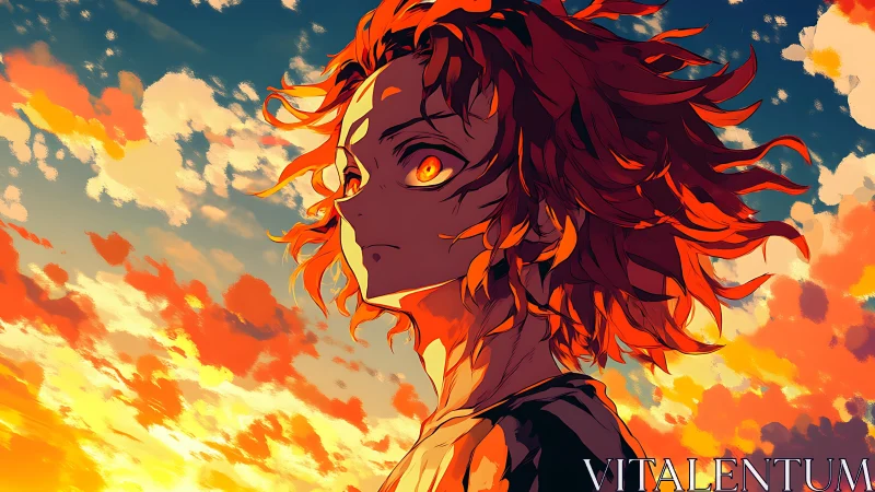 Fiery eyed dreamer standing in a blazing sunset sky.