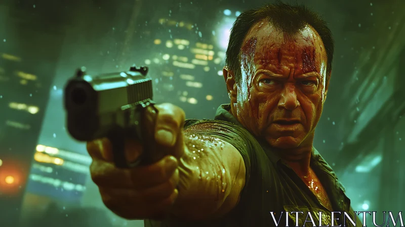 Battle-worn gunman aims forward in neon-soaked nightscape.