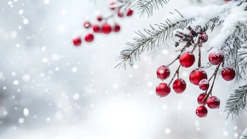 Crimson winter berries shimmering on snow-dusted spruce.