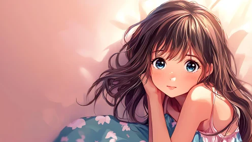 Anime girl rests on soft bed in warm evening light