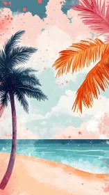 Tropical Beach Scene With Palm Trees and Watercolor Sky