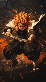 Fiery anime swordsman charges through blazing battle storm.