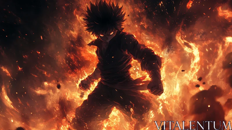 Pyrokinetic anime combatant within turbulent inferno field.
