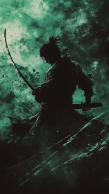 Lone samurai calmly readies a katana under swirling skies