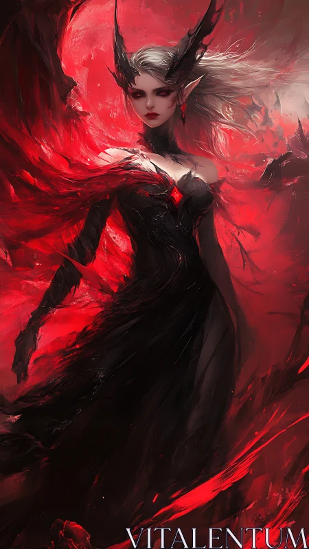 Demonic sorceress ascends in crimson vortex of ethereal fire.