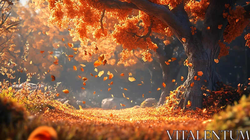 Digital painting of luminous autumn grove with swirling leaves.