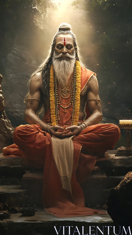 Ascetic sage meditates in cavern altar under divine light