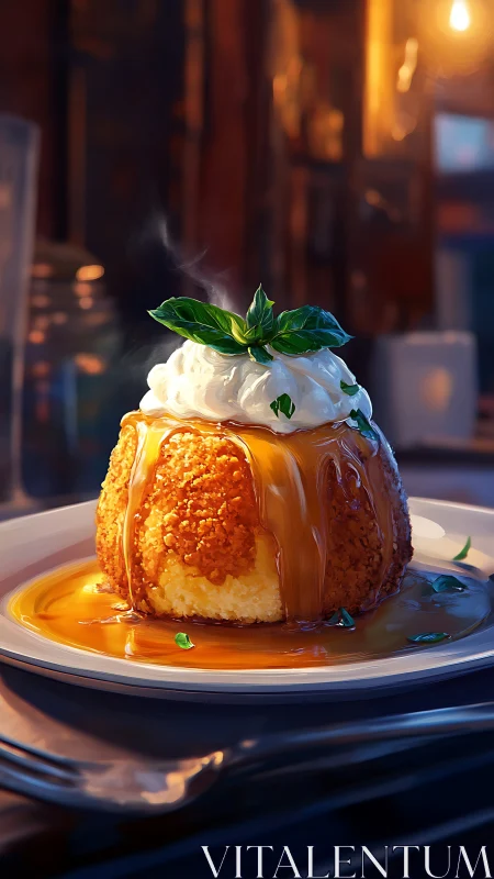 Gourmet caramel dessert dome in warm bokeh lighting study.