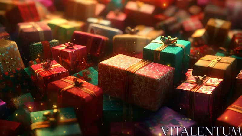Radiant volumetric array of ribboned festive gift parcels.