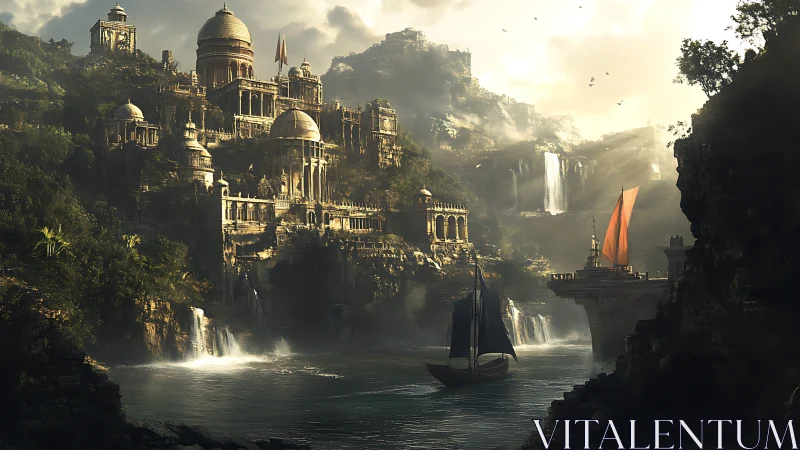 Sunlit cliffside citadel greets two wandering river sails