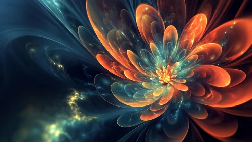 Fractal luminous flower in radial symmetry digital painting.