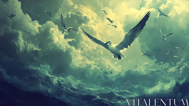 Seabirds in turbulent sky over dynamic ocean waves.