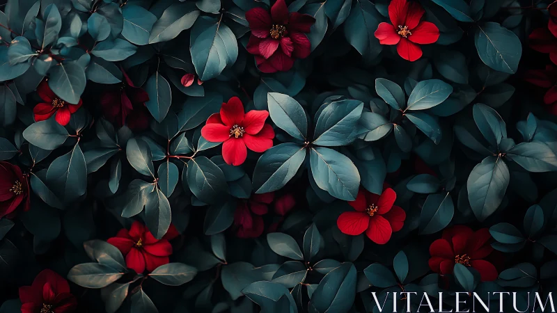 Deep teal foliage with vibrant red five-petal flowers in moody botanical composition