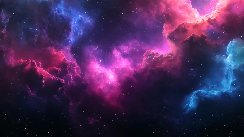 Nebula clouds glow in vivid pink and blue across deep space.