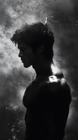 Moody male silhouette in dramatic backlit misted haze.