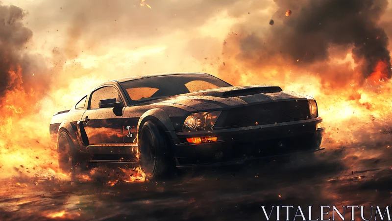 High-torque muscle car drifting through explosive firestorm.