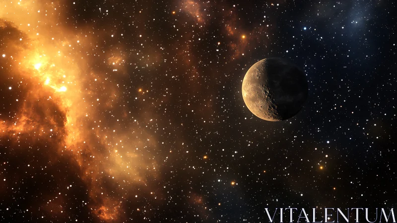 Rocky planet against dense star field and glowing nebula.