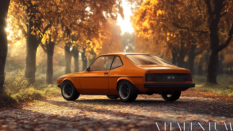Orange classic coupe parked on tree-lined autumn road.