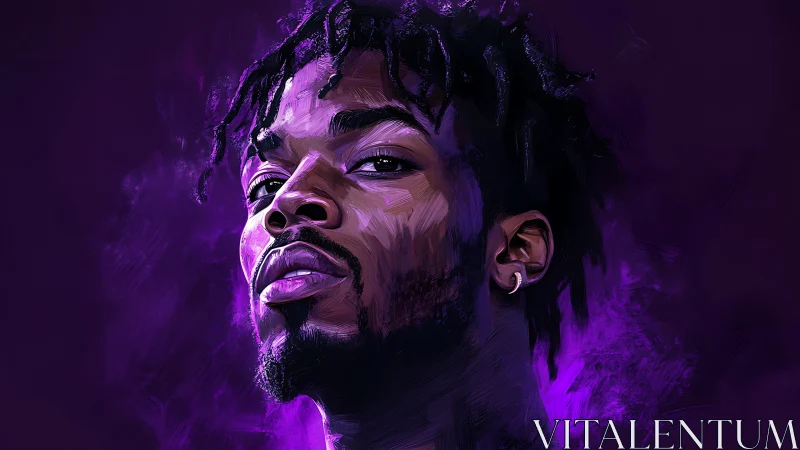 Portrait of confident man in vivid purple digital strokes.