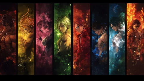 Elemental anime warriors aligned in vertical blazing panels.