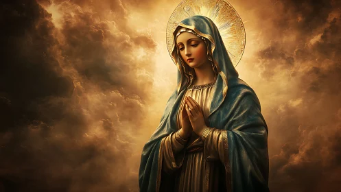 Sacred robed woman in prayer rendered with luminous halo light