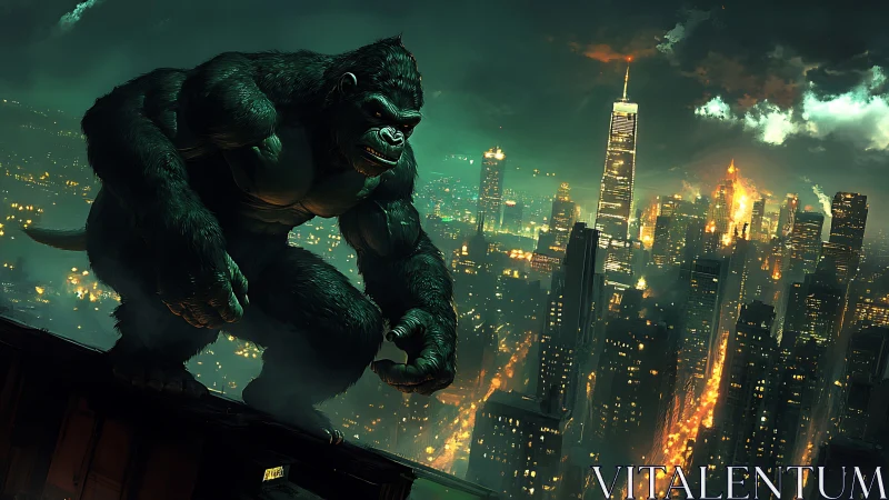 Giant gorilla towers over illuminated modern city skyline
