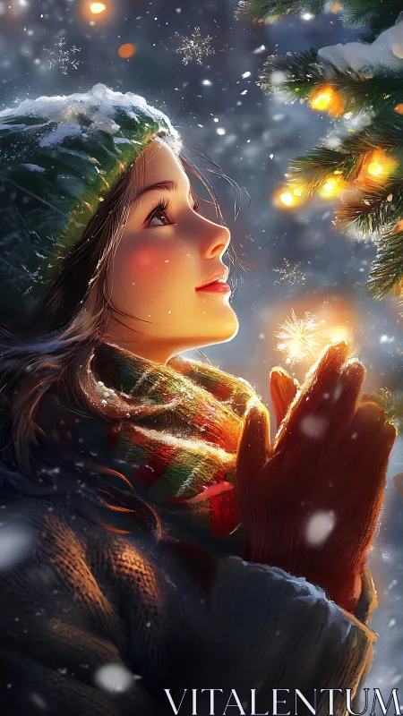 Young woman gazes at glowing winter lights in quiet wonder.