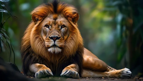 Male lion lies on forest floor in sharp frontal view
