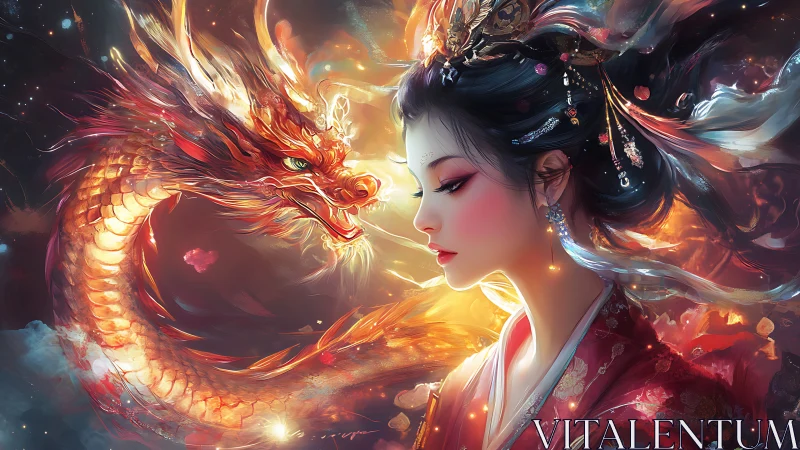 Regal dragon coils beside serene imperial woman in firelight