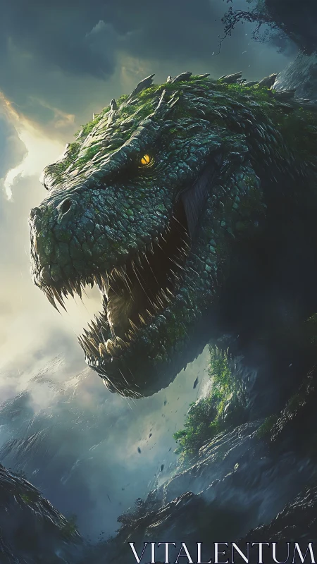 Colossal reptilian titan roars through stormlit canyon sky.