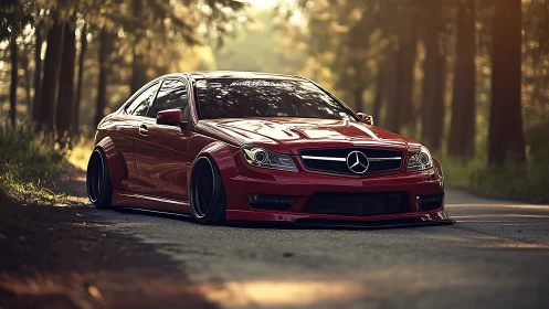Sunlit red Mercedes coupe rests low on a quiet forest road