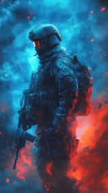 Stormlit cyber soldier striding through neon warfire haze.
